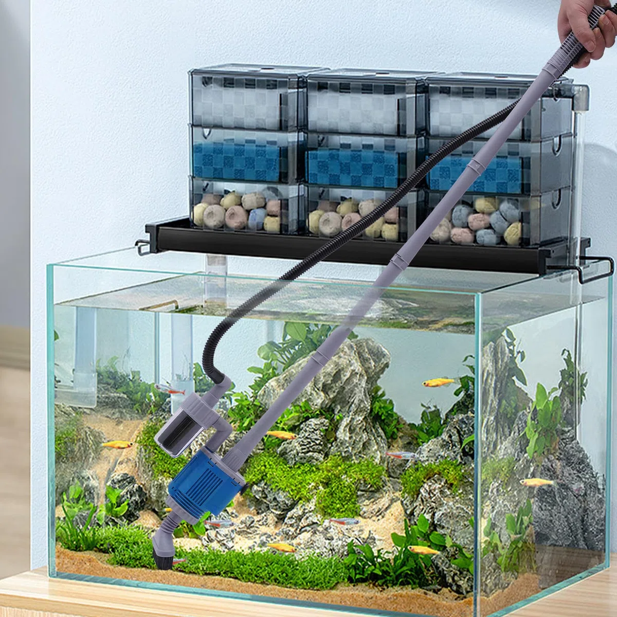 Odkurzacz do akwarium, elektryczny odkurzacz mulmowy 28 W, do akwarium, zestaw do czyszczenia żwiru, syfon z 4 rurami przedłużającymi i akcesoriami, do wymiany wody/usuwania detrytusu /