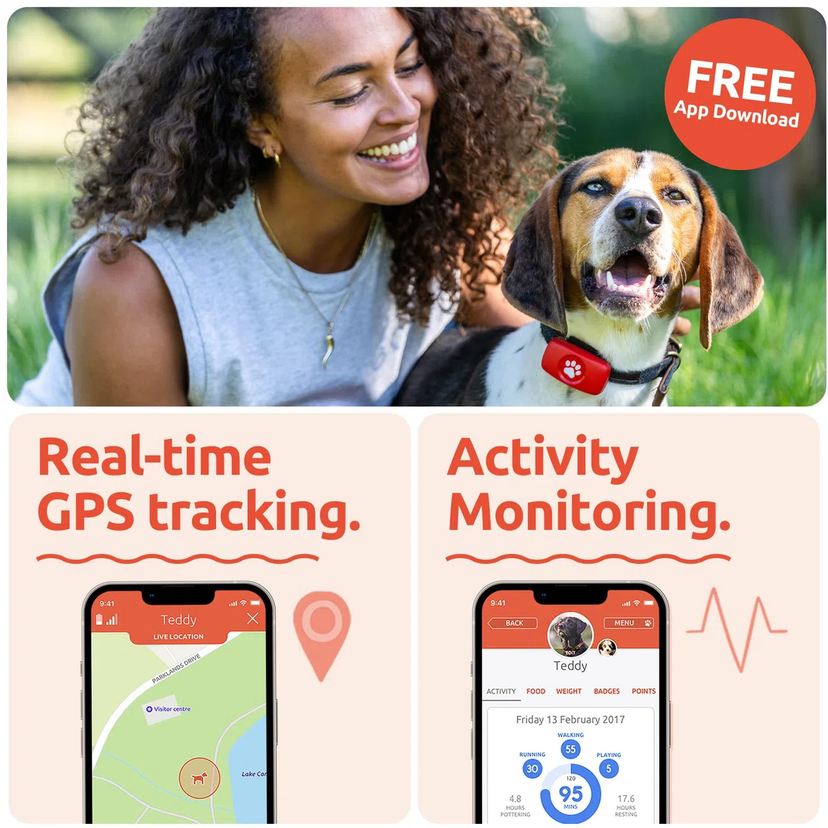 PitPat Lokalizator GPS dla psów – nie wymaga subskrypcji - wodoszczelny | 100% Vattentät, Passar alla halsband, För alla hundar, Utan abonnemang, Obegränsad räckvidd, Smart aktivitetsmätare